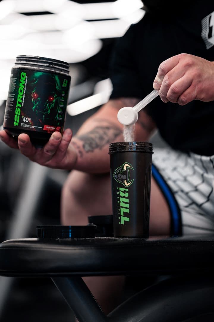 A scoop of 12 STRONG going into a BULL shaker